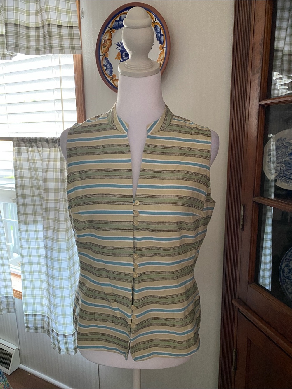 Geoffrey Beene Sleeveless Striped Blouse in Green, Blue & Cream